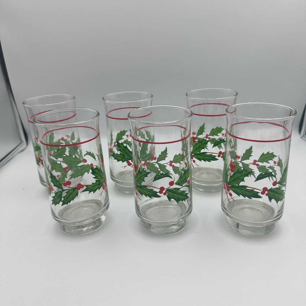 Vintage Christmas Holly Berry Glasses Set of 6 Red Band‎ Holiday Decor